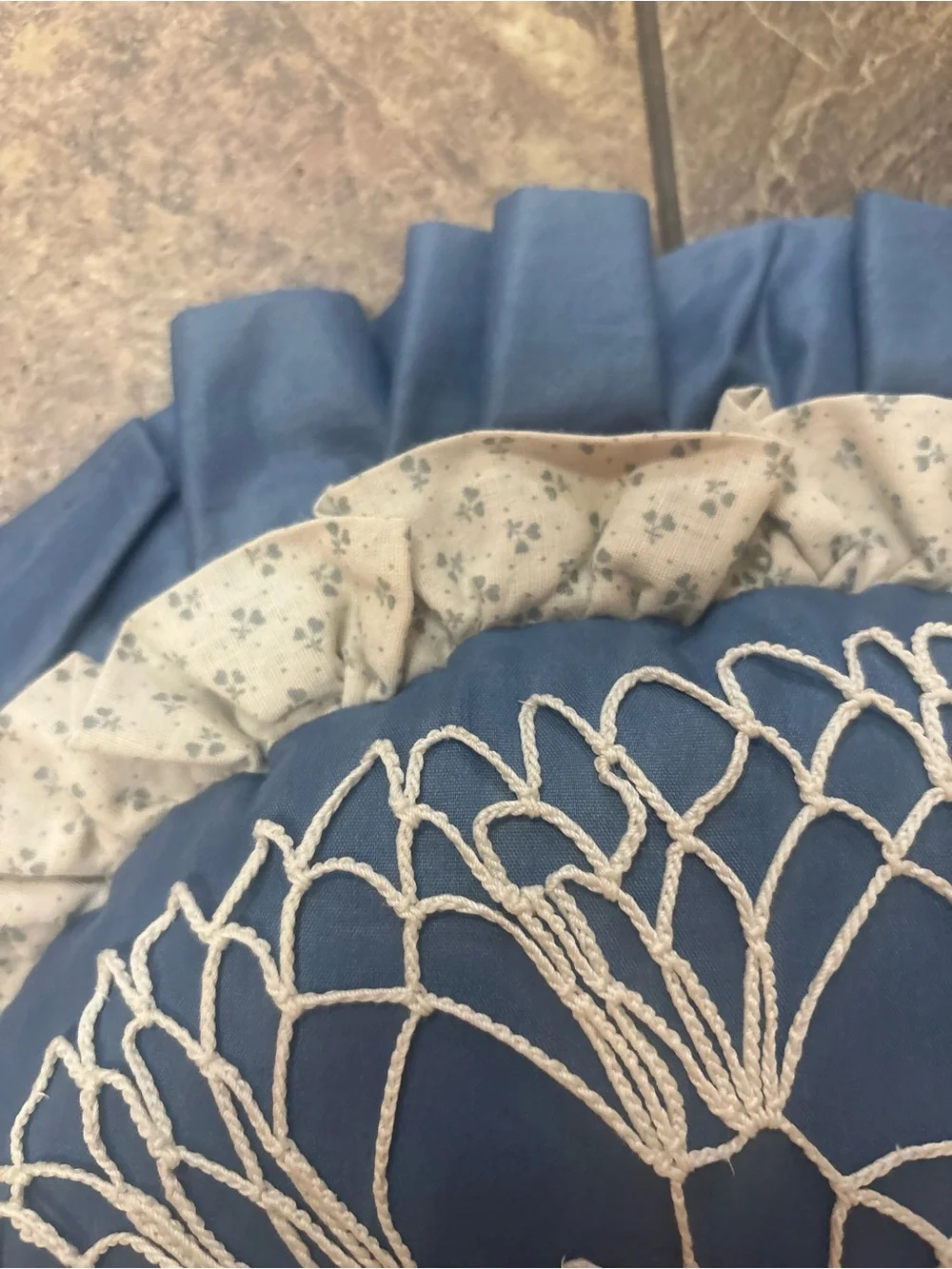 Vintage Round Decorative Pillow with White Crochet Overlay - Blue